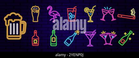Cocktails neon icons set. Cocktails collection neon signs. Bright sign boards, light banner. Modern trend design, night light signboard, emblems, desi Stock Vector