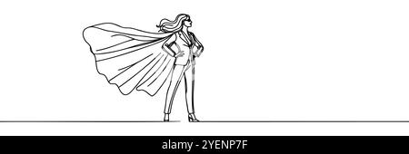Single continuous line drawing businesswoman superhero with cloak . Business takes off. Business project concept. One line draw graphic design vector Stock Vector