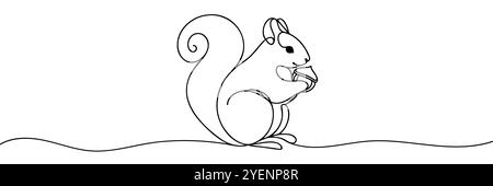 Continuous one line drawing squirrel sits eating nuts. Animals concept single line draw design graphic vector illustration. Stock Vector