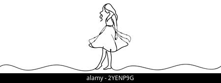 Young beautiful girl in a dress. Continuous one line drawing. Stock Vector