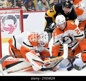 Anaheim Ducks goaltender Lukas Dostal stops Buffalo Sabres center Tage ...