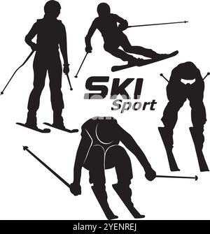 set of skier vector icons, winter extreme sports, ski silhouettes Stock Vector