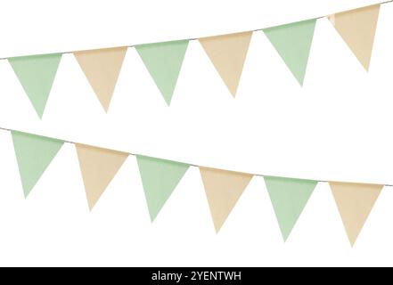 Fabric flags on rope against white background. Party decoration Stock Photo