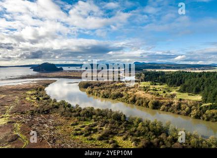 Aerial view of tidal flats at the mouth of the Skagit River, near La Conner, Washington, USA Stock Photo