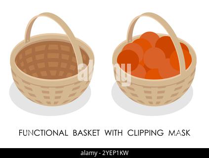 Isometric Basket with wicker handle filled with freshly picked fruits. Functional basket with clipping mass for fruits. 3D vector isolated on white ba Stock Vector