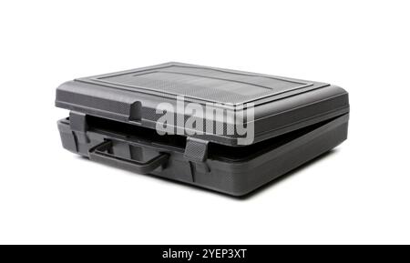 Opened black plastic case. Photos isolated on white background Stock Photo