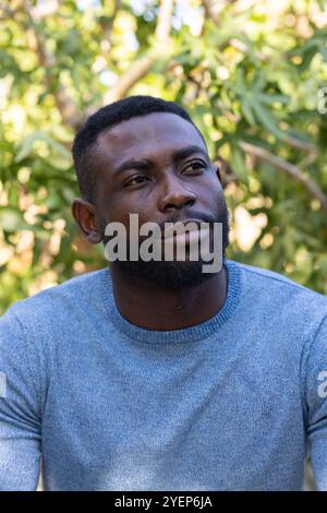 Thoughtful African american man in blue sweater enjoying peaceful moment outdoors in nature. Pensive, contemplation, tranquility, leisure, solitude, m Stock Photo