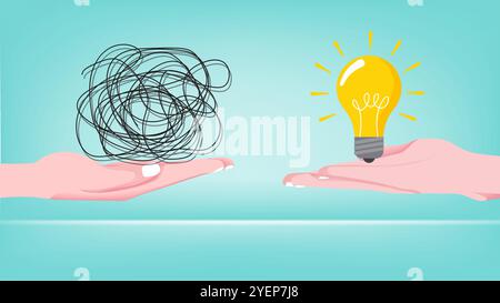 solving problems in business with the concept of a businessman's hand holding a problem is answered with a light bulb depicting an idea or solution Stock Vector