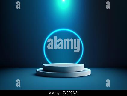 Futuristic 3D glowing blue neon ring a sleek white podium on a dark background, perfect for modern product displays and technology showcase concepts Stock Vector