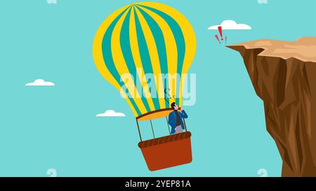 businessman who is confused because the hot air balloon he is riding will crash into a steep cliff, problem in business concept, business problem Stock Vector