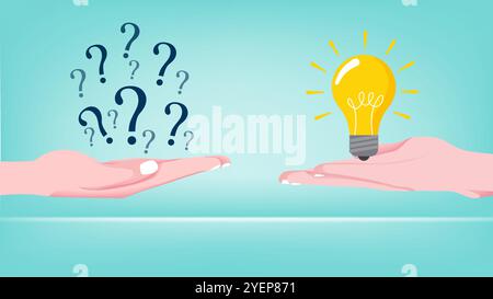 solving problems or solutions in business with the concept of a businessman's hand holding a sign which is answered with a light bulb depicting an ide Stock Vector