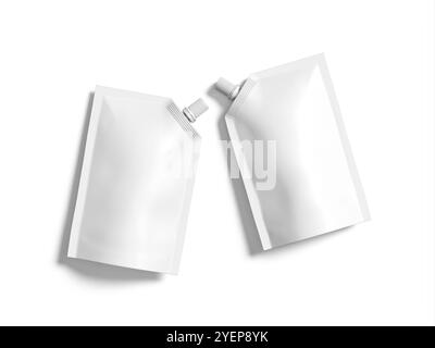 Flat Lay White Blank Two Spout Pouches Mockup 3D Isolated Stock Photo