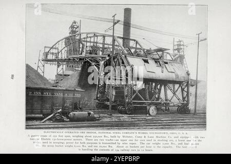 Electrically operated ore bridge, National Steel Company's works, Youngstown, Ohio, USA from the Article ELECTRIC POWER MACHINERY IN IRON AND STEEL WORKS. By Sydney F. Walker from The Engineering Magazine Devoted to Industrial Progress Volume XX 1900 - 1901  The Engineering Magazine Co Stock Photo