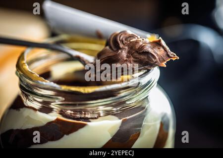 Chocolate cream spread on  a spoon. Stock Photo