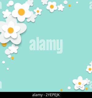Paper cut floral background. White flowers on cyan color background vector illustration Stock Vector