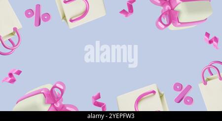 Sale background with 3D realistic shopping bags, gift boxes, purple percentage signs and copy space Stock Vector