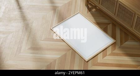 Mock up poster frame in Scandinavian style interior. Mock up poster frame on wooden floor. 3D illustration Stock Photo
