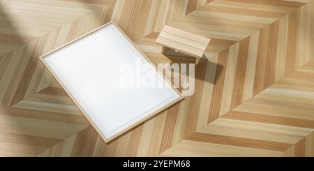 Mock up poster frame in Scandinavian style interior. Mock up poster frame on wooden floor. 3D illustration Stock Photo