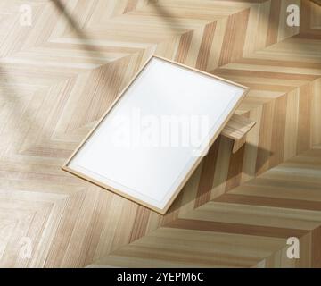 Mock up poster frame in Scandinavian style interior. Mock up poster frame on wooden floor. 3D illustration Stock Photo