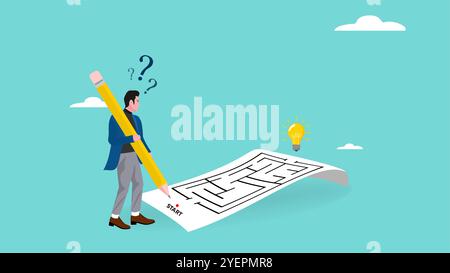 problem solving illustration with the concept of a businessman who is solving a labyrinth puzzle to get a solution, business solve puzzle flat Stock Vector