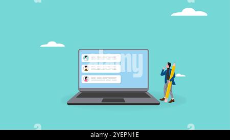 send email illustration with the concept of a businessman sending messages via email while carrying a big pencil, sending or receiving email concept Stock Vector
