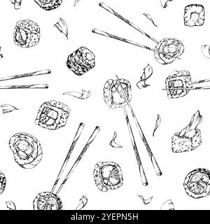 Japanese food sushi rolls on chopsticks with raw fish salmon unagi tuna shrimp, california philadelphia alaska, hand drawn in vector pen and ink Stock Vector