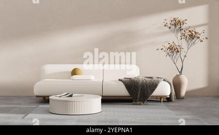 Minimalist livinig room with modern furnitures. Stylish living room design. Empty wall mock up. 3D illustration Stock Photo