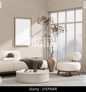 Minimalist livinig room with modern furnitures. Mock up poster frame in Scandinavian style interior. 3D illustration Stock Photo