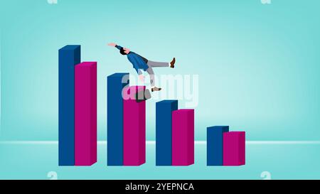 The decline in the bar graph is due to the stock market falling, economic crash, investing failure or mistake, , price drop, recession Stock Vector