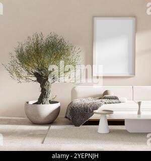 Modern japandi style interior design. Modern, minimalist livingroom design. 3D illustration Stock Photo