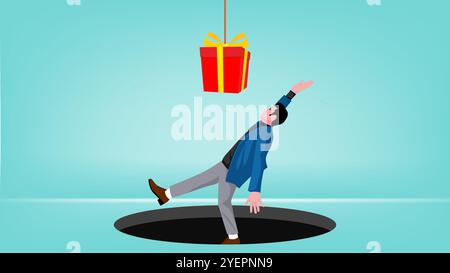 problems or traps in doing business with the concept of an entrepreneur who falls into a hole because he is lulled by the trappings of prizes Stock Vector