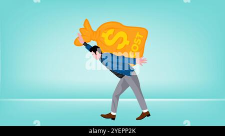 Illustration of an entrepreneur who is burdened by excessive business costs flat design vector illustration, financial problems in business, the compa Stock Vector