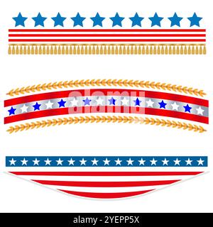 USA flag symbols patriotic festive decorative borders vector design elements set. Stock Vector