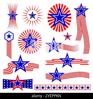 Vector set design elements decorations American flag symbols stars and stripes. Stock Vector