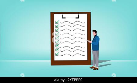 entrepreneur who has completed a business plan while checking off an activity agenda book, entrepreneur's responsibility, discipline in work, strategy Stock Vector