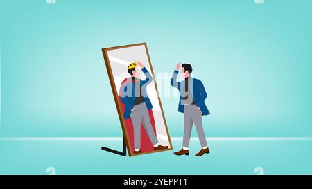 businessman looking in the mirror with the image of himself being a king suitable for describing leadership, confident, know yourself Stock Vector