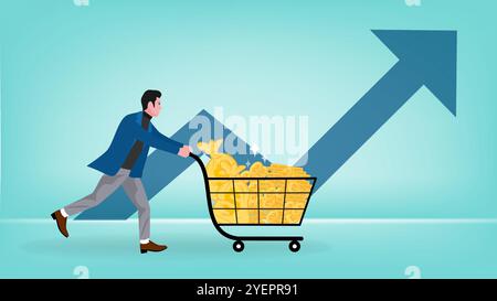 affiliate marketing illustration with the concept of an affiliate pushing a shopping cart containing gold coins, affiliate program concept Stock Vector