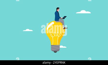Idea and education concept illustration with businessman using laptop sitting on light bulb, knowledge and creativity business concept illustration Stock Vector