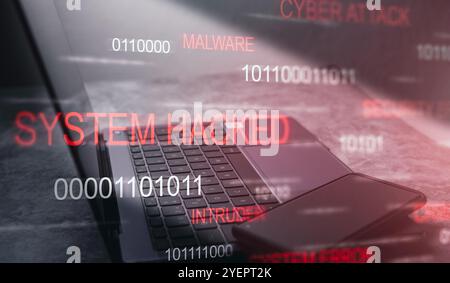 Holographic interface warning of a system hacked. Alert after cyber attack on laptop. Internet virus. Cybercrime concept. Hackers stealing information. Stock Photo