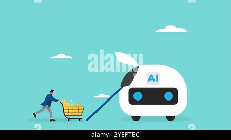 artificial intelligence and the future of work illustration with a businessman who bring money to artificial intelligence robot to help him ix task Stock Vector