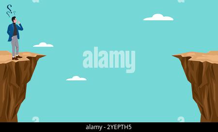 creative problem solving at work illustration with the concept of a businessman who is looking for a way to cross the gap between two cliffs Stock Vector