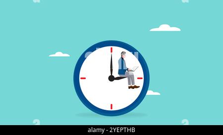 time management concept with s businessmen sitting on clock illustration, businessman sitting on big wall clock while working with laptop, efficiency Stock Vector