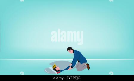 Illustration of a businessman looking in the water with the image of himself being a king suitable for describing leadership, confident, know yourself Stock Vector