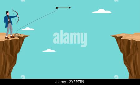 creative problem solving illustration with the concept of a businessman who uses an arrow to hook a rope to a cliff to get over it, problem solving Stock Vector