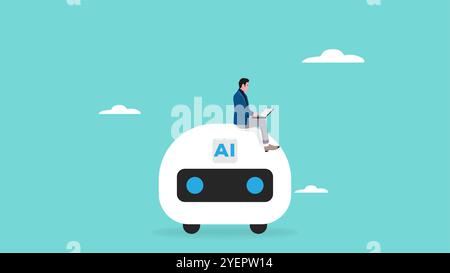 artificial intelligence and the future of work illustration with businessman sitting on multitasking artificial intelligence robot to help his work, a Stock Vector