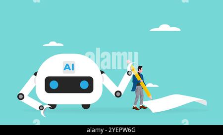 AI with future of work with the concept of a businessman who works assisted by an AI robot, work with artificial intelligence flat design vector illus Stock Vector