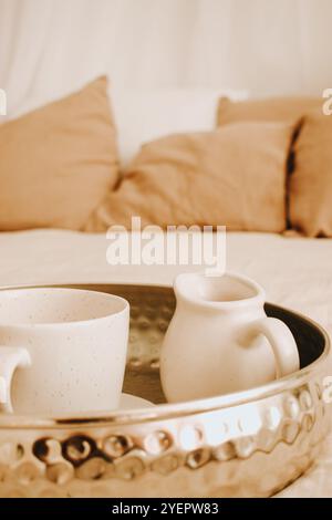 tray with dishes on the bed Stock Photo