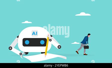 AI robot and businessman illustration with the concept of a human being who loses his job because he is replaced by an AI robot suitable for describe Stock Vector