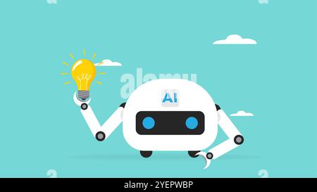 AI robot illustration carrying a light bulb is suitable for describing AI ability to provide ideas or solutions, artificial intelligence, AI robot wit Stock Vector