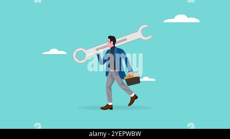 problem solving illustration with the concept of an entrepreneur who brings the key to fixing problems, problem solving skill Stock Vector
